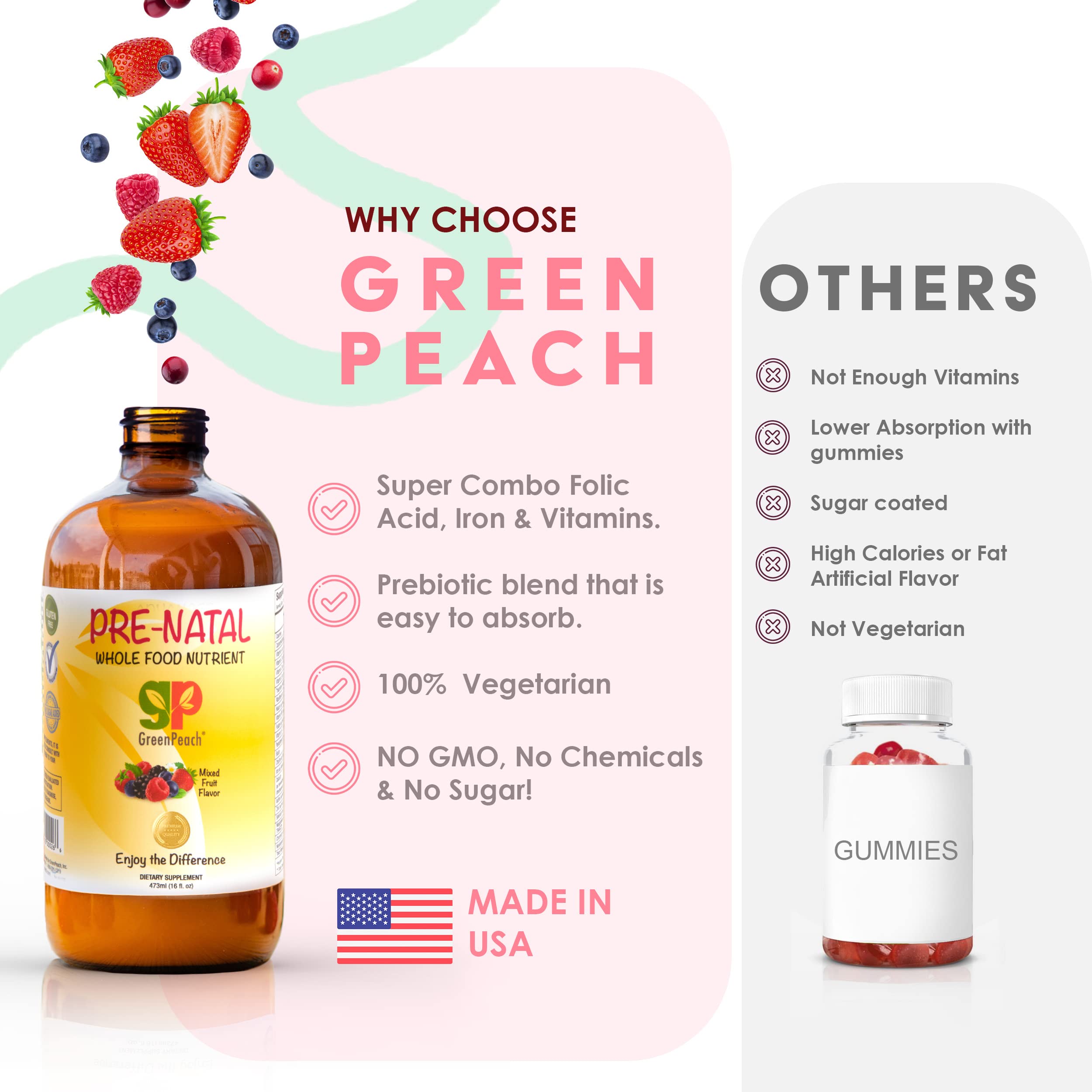 GreenPeach Prenatal Liquid pouring into juice demonstrates easy daily mixing