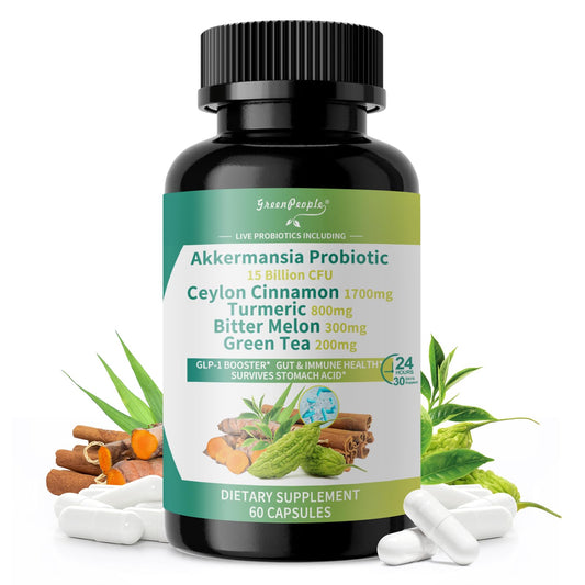 GREENPEOPLE Akkermansia probiotics bottle front for gut support.