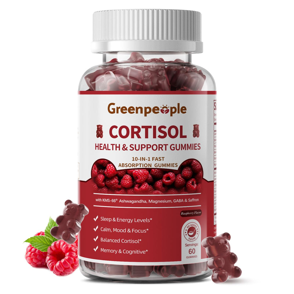 GreenPeople cortisol gummies bottle shown for daily stress support