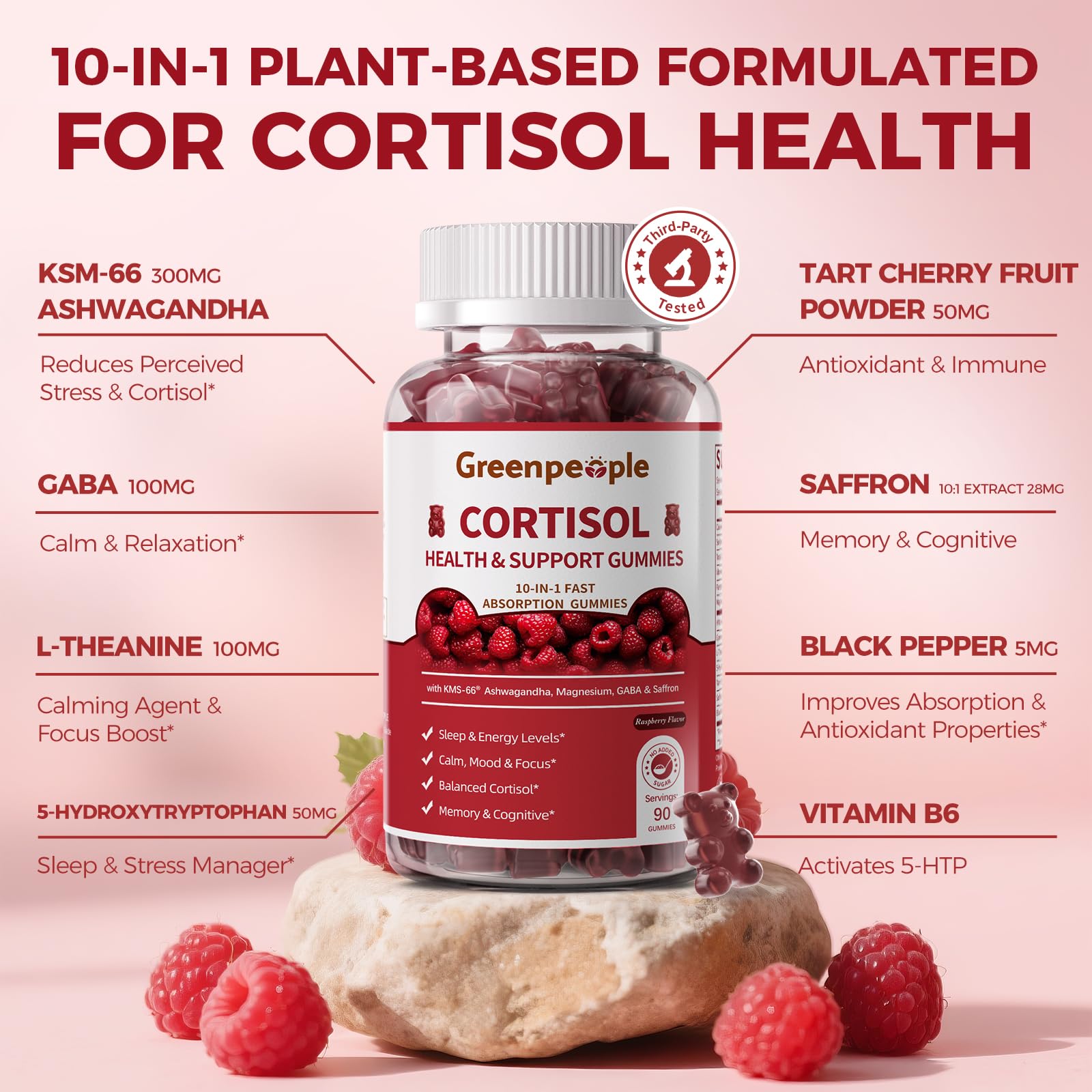 GREENPEOPLE Cortisol Gummies Raspberry label highlighting vegan formula
