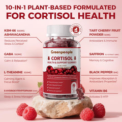 GREENPEOPLE Cortisol Gummies Raspberry label highlighting vegan formula