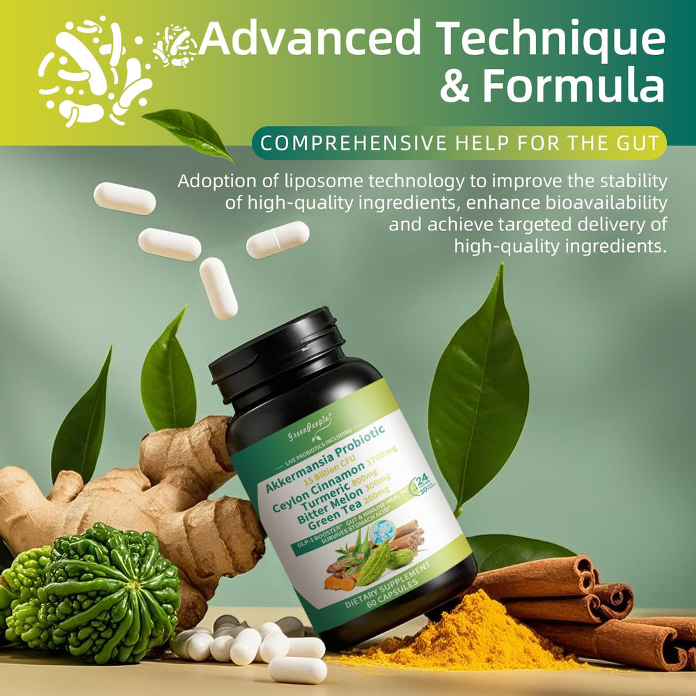 GreenPeople gut-health scene with bottle and botanicals on counter