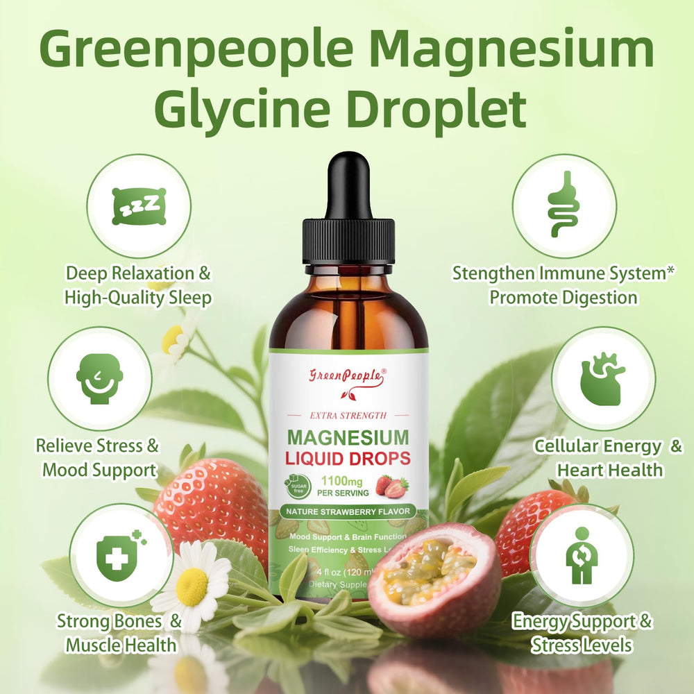 Front label of GreenPeople magnesium glycinate liquid drop bottle showing ingredients.