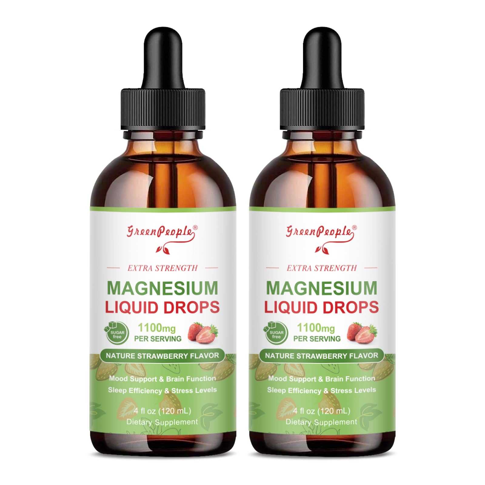 GreenPeople magnesium glycinate liquid drop bottle with strawberry flavor for easy daily use.