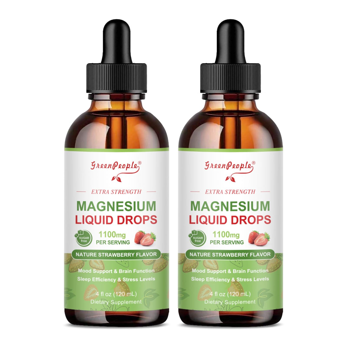 GreenPeople magnesium glycinate liquid drop bottle with strawberry flavor for easy daily use.