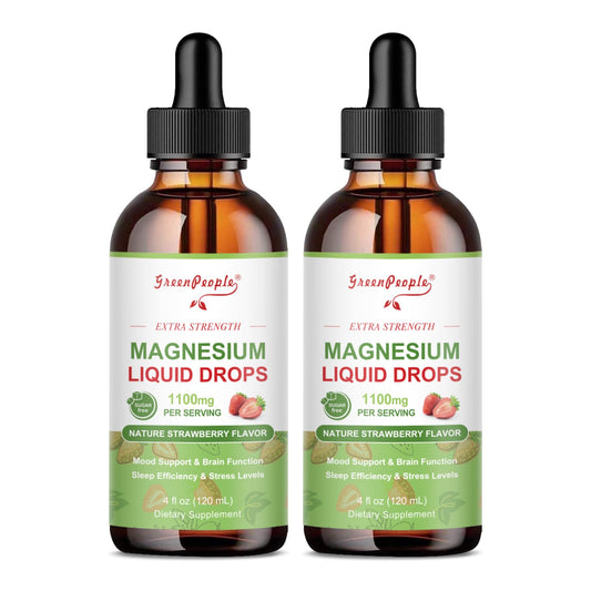 GreenPeople magnesium glycinate liquid drop bottle with strawberry flavor for easy daily use.