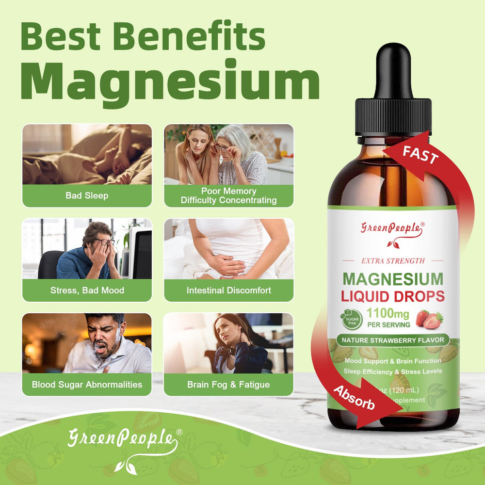 Bottle label of GreenPeople strawberry flavor magnesium glycinate drops.