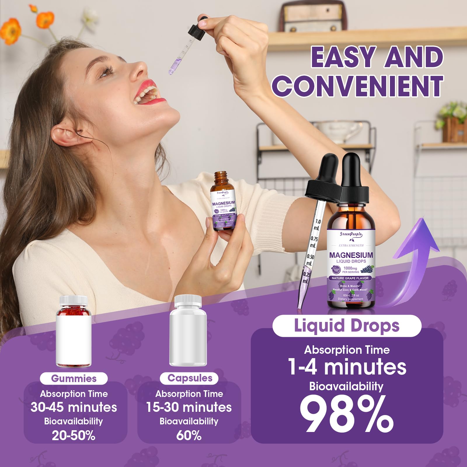 GREENPEOPLE Magnesium Glycinate Liquid Drops 2oz bottle close-up on grape flavor label.