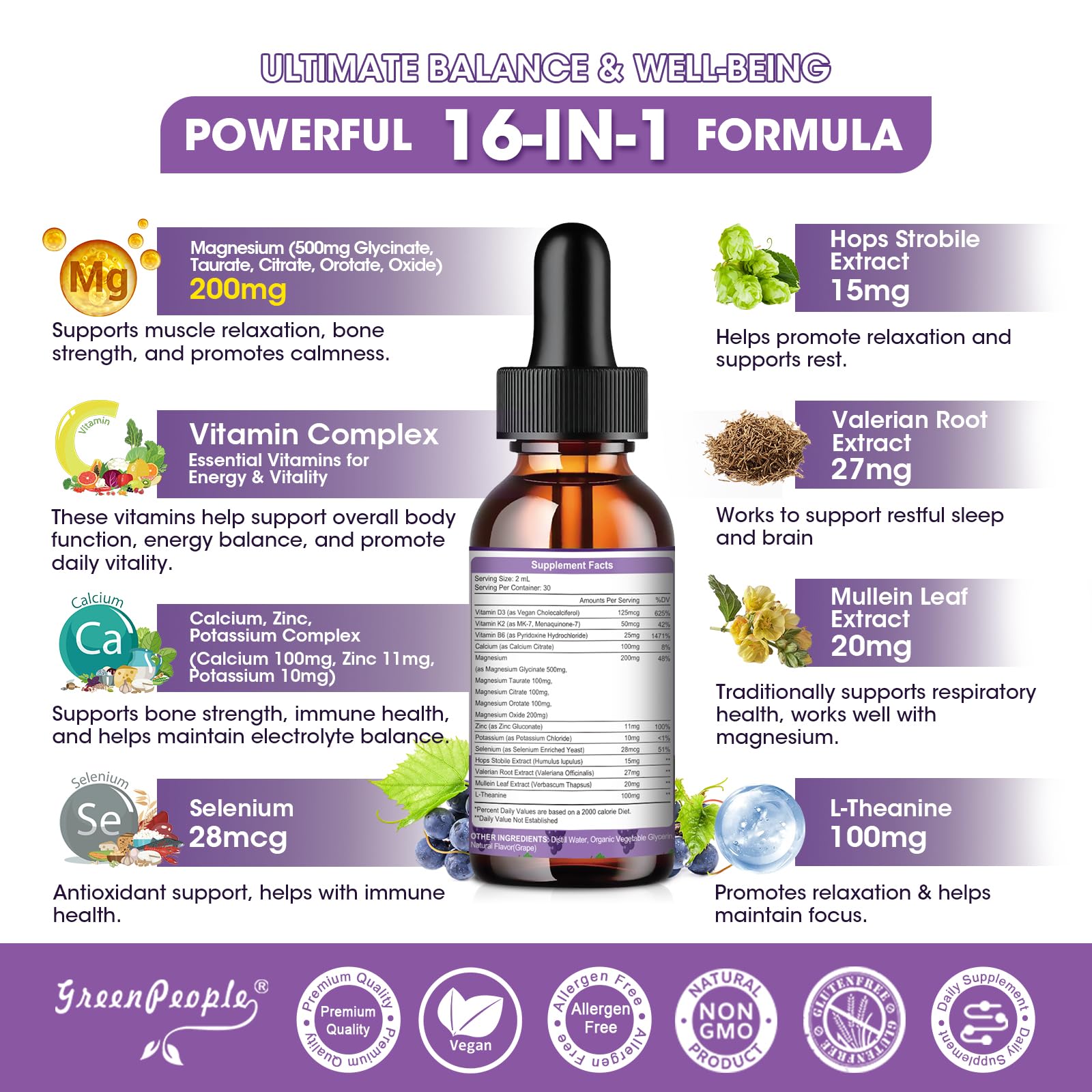GREENPEOPLE Magnesium Glycinate Liquid Drops dropper with 2 ml bedtime serving for relaxation.