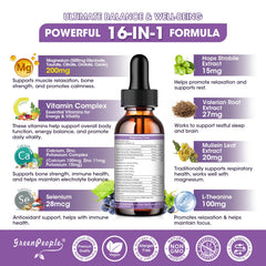 GREENPEOPLE Magnesium Glycinate Liquid Drops dropper with 2 ml bedtime serving for relaxation.