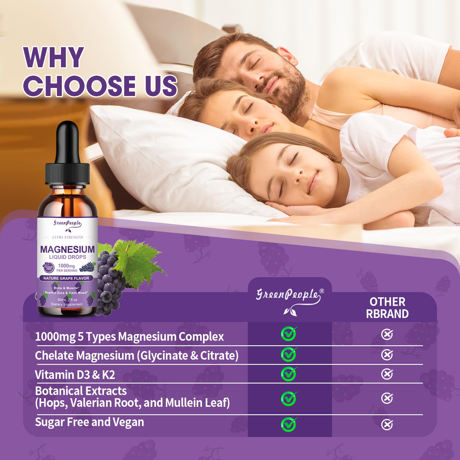 GREENPEOPLE Magnesium Glycinate Liquid Drops grape flavor bottle highlights sugar-free option.