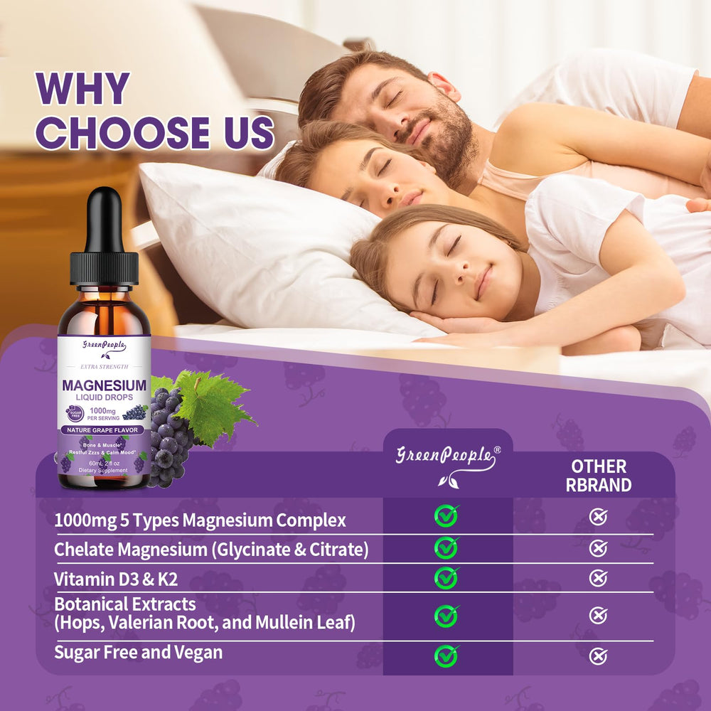 GREENPEOPLE Magnesium Glycinate Liquid Drops grape flavor bottle highlights sugar-free option.