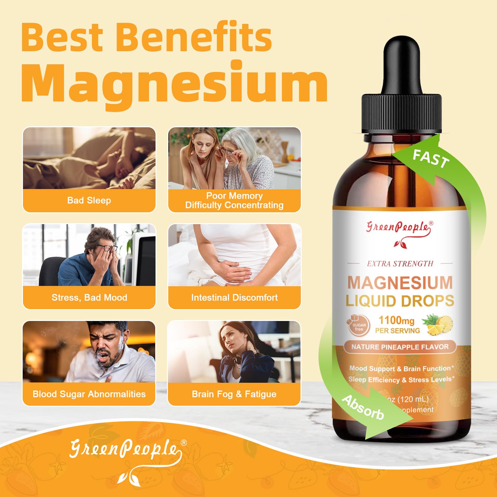 GREENPEOPLE magnesium liquid drops dosing spout with water for easy intake.