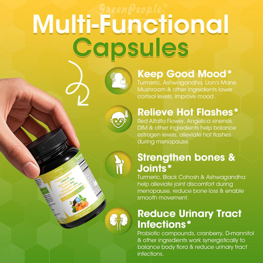 GreenPeople packaging back shows ingredients and usage for menopausal support.