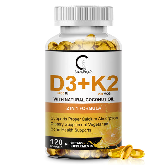 GreenPeople vitamin D3 K2 softgel bottle highlighting bone and immune support.