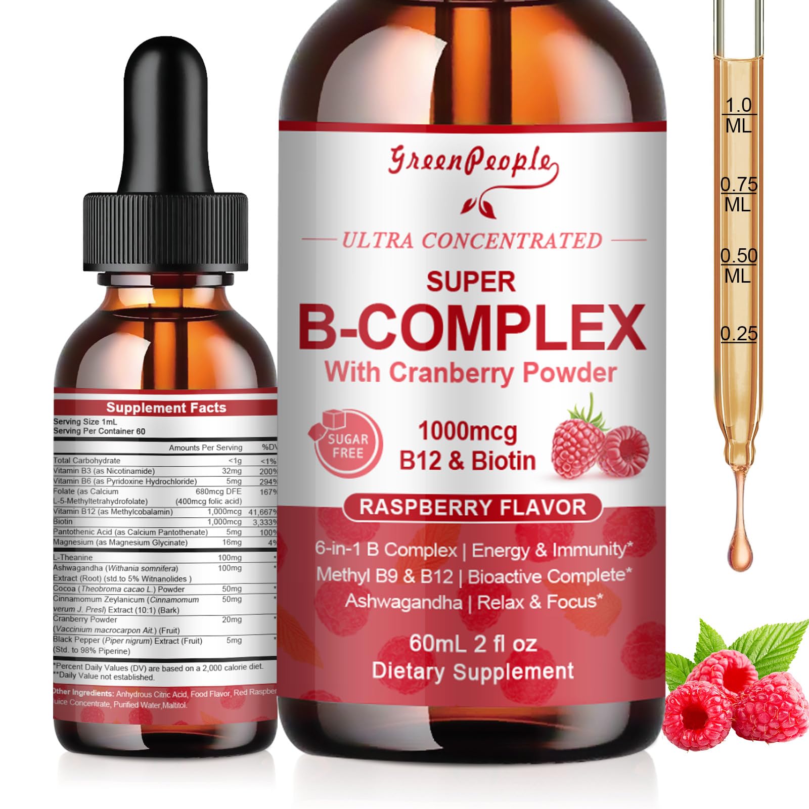 GreenPeople Vitamin Methylated B Complex bottle with dropper for easy dosing.