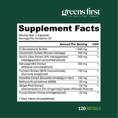 Greens First gluten-free dairy-free label with 120 softgels for daily use.