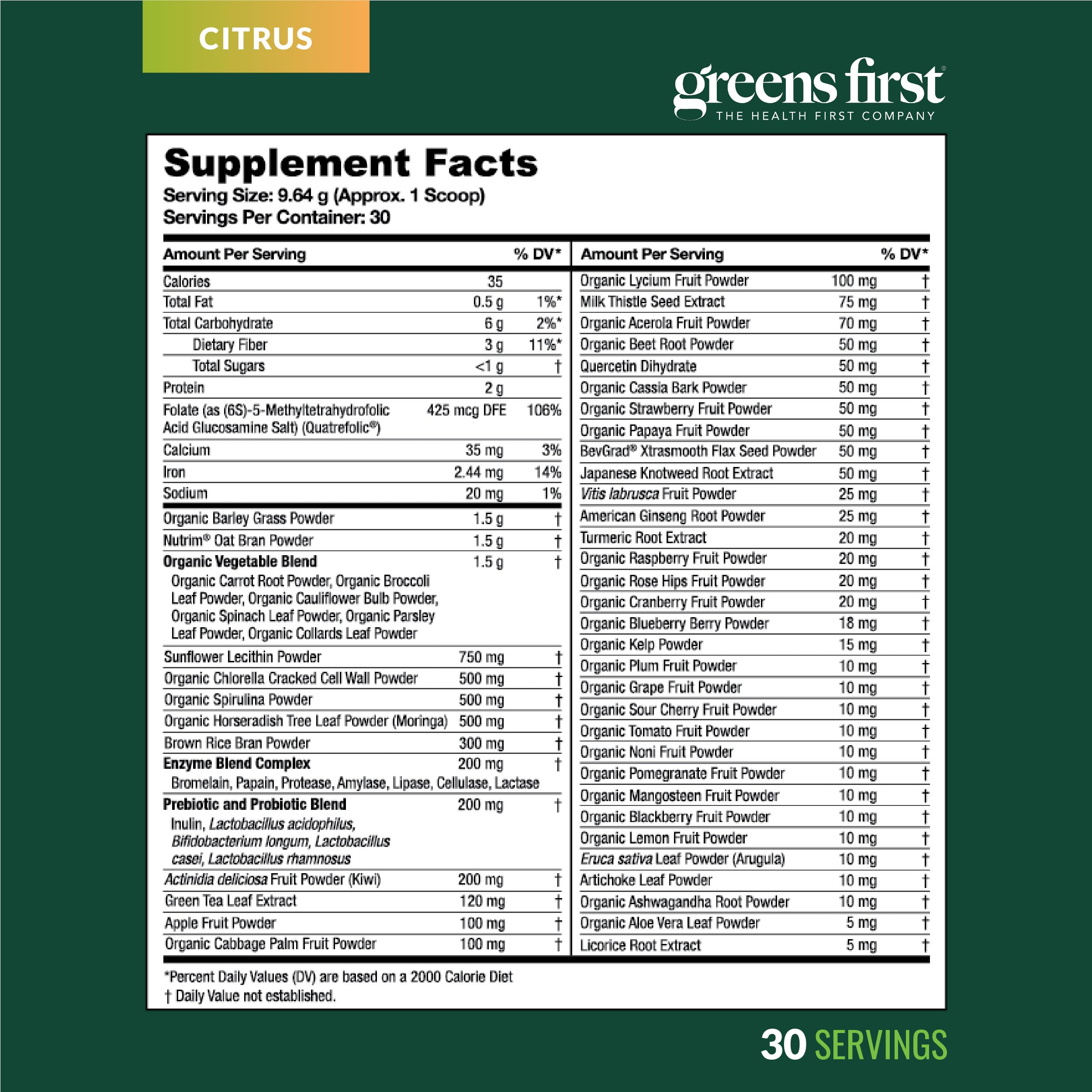 Greens First dairy-free label signals allergy-friendly option.