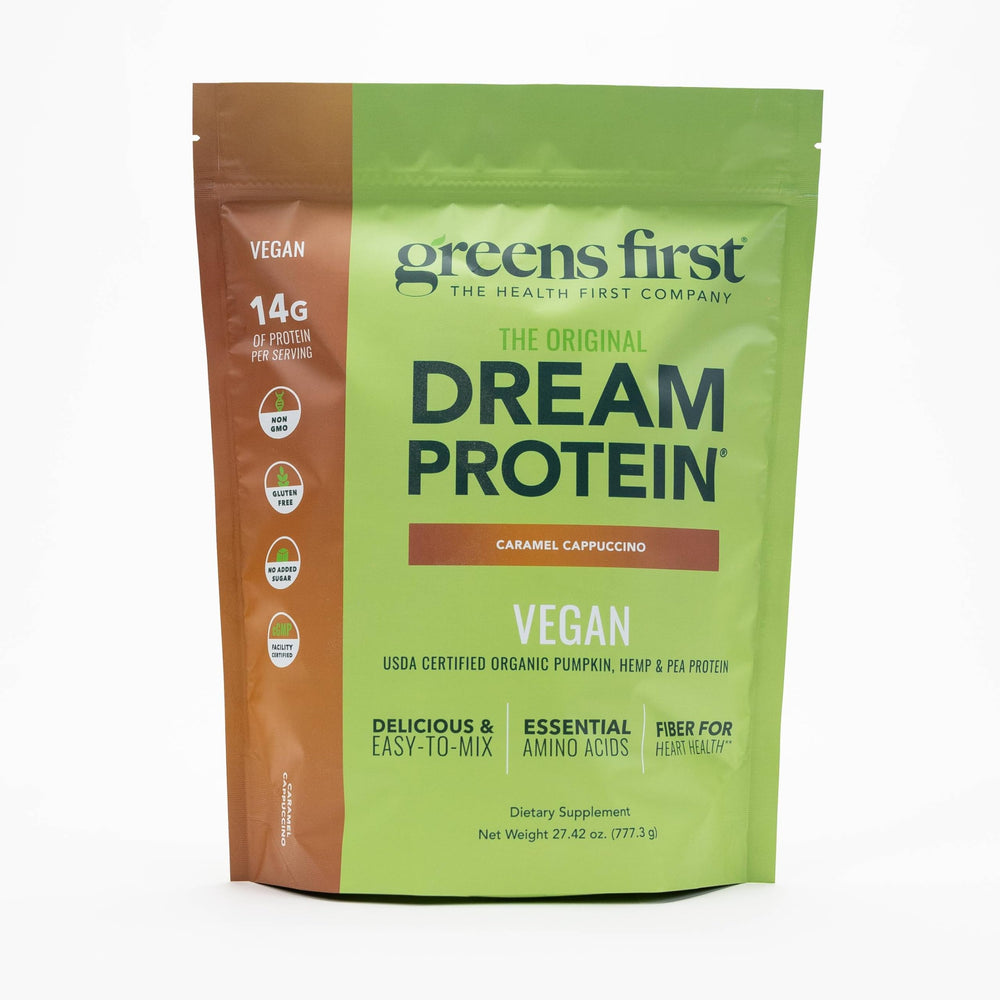 Greens First Dream Protein caramel cappuccino canister for dairy-free shakes