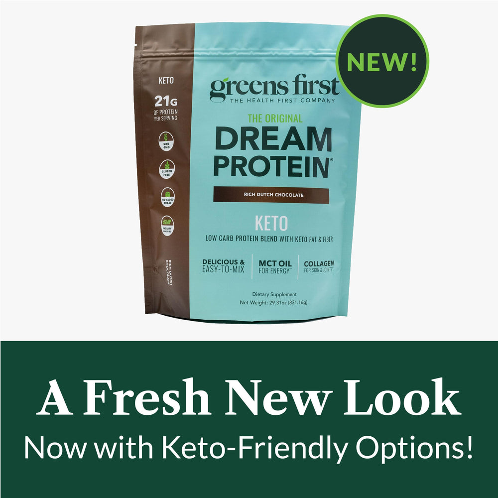 Greens First Dream Protein Keto hydrolyzed whey scoop for busy mornings.