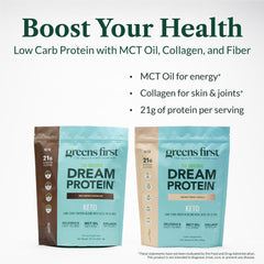 Greens First Dream Protein Keto MCT oil pour demonstrates quick energy shakes.
