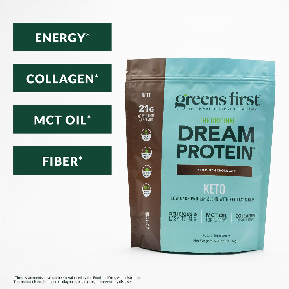 Greens First Dream Protein Keto rich Dutch chocolate serving cup for quick shakes.