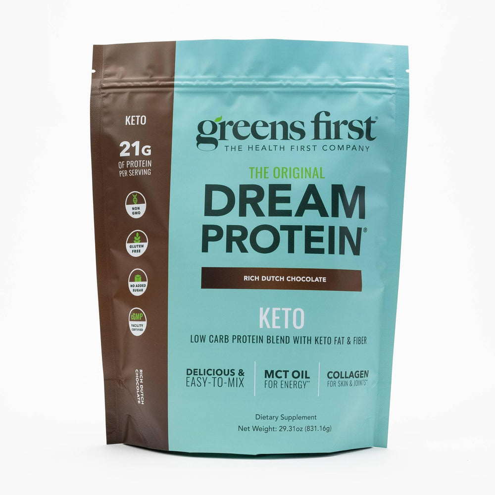Greens First Dream Protein Keto rich Dutch chocolate tub highlighting non-GMO and gluten-free.