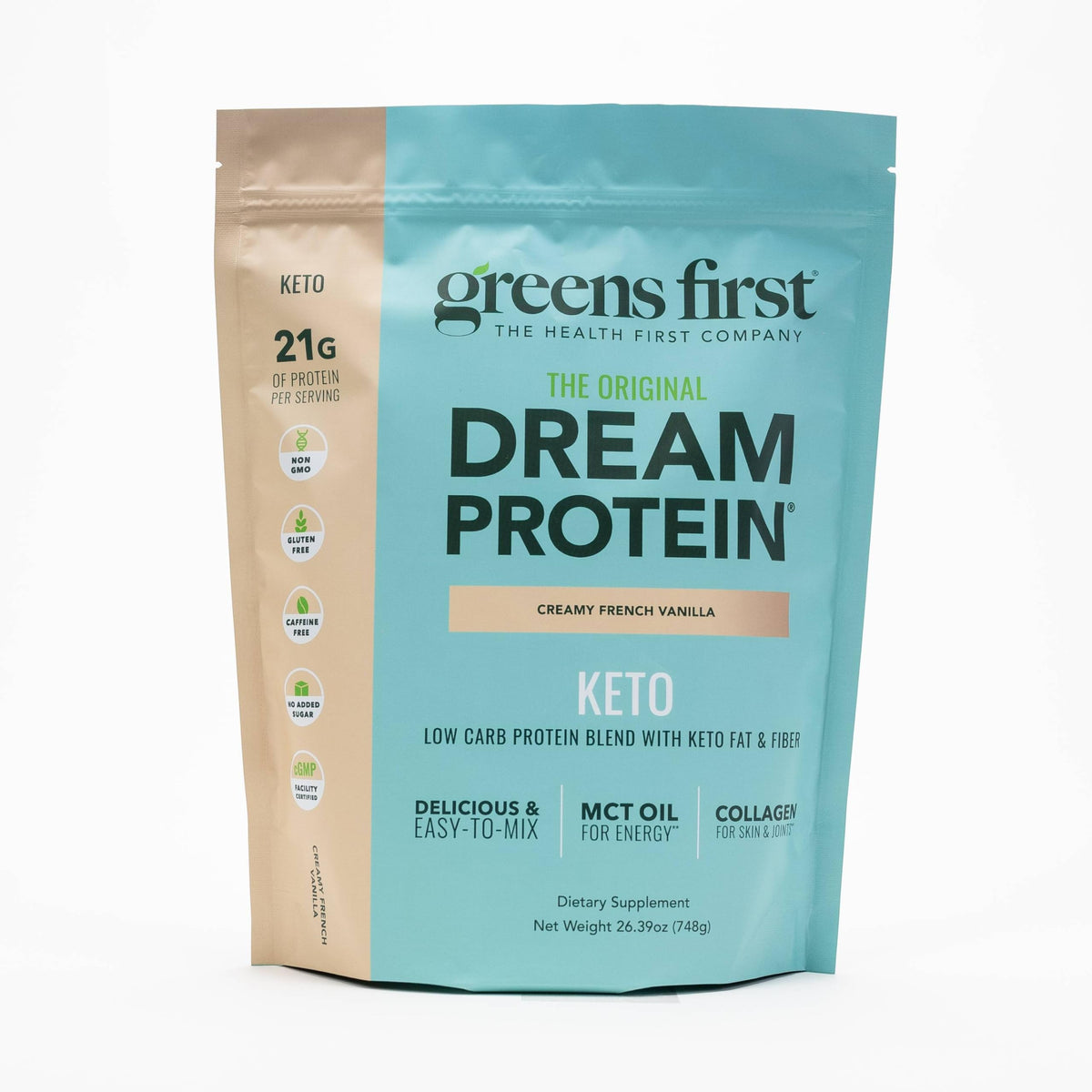 Greens First Dream Protein Powder Keto tub in Creamy French Vanilla, premium keto blend.