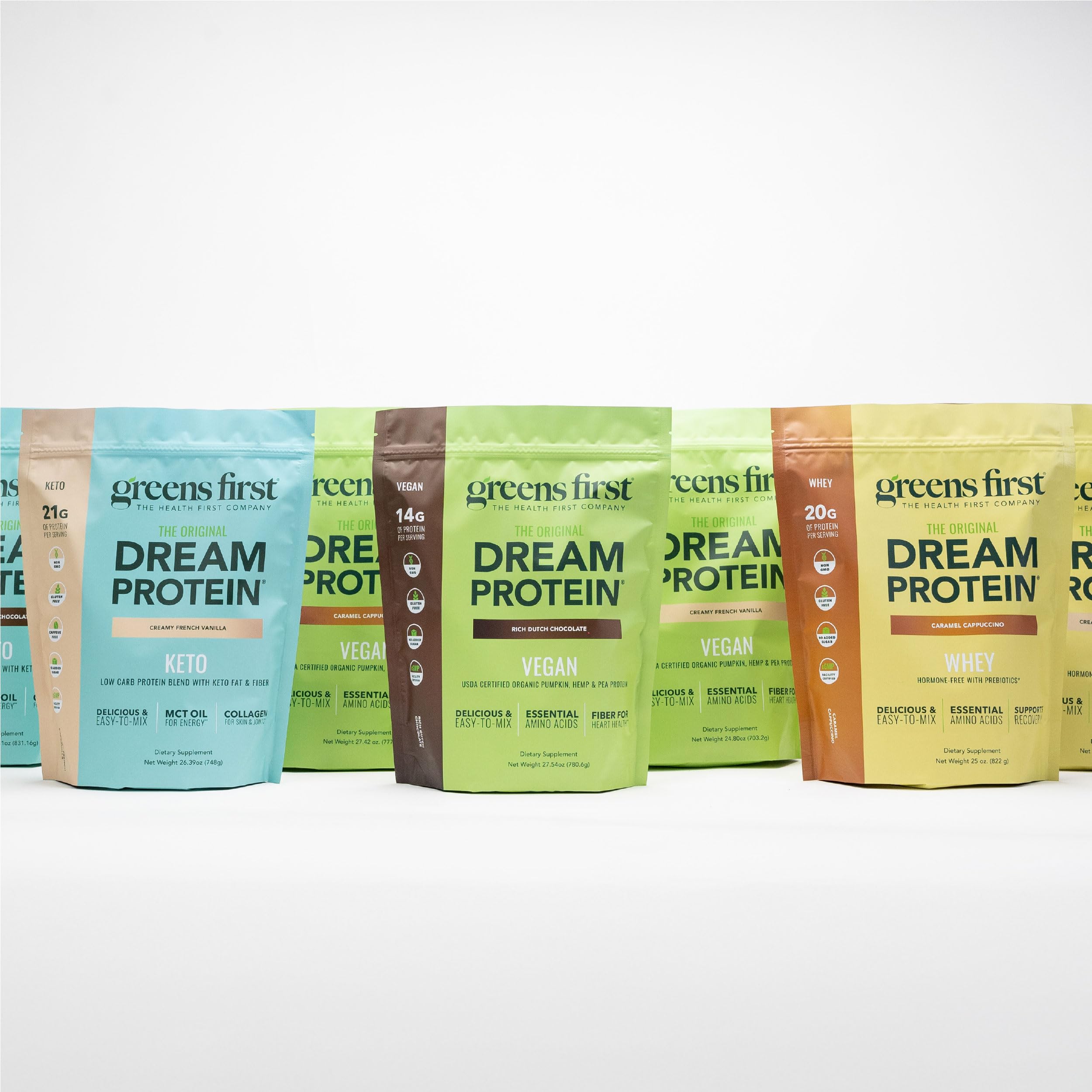 Blend of whey, collagen, and egg white in Greens First Dream Protein Powder Keto.
