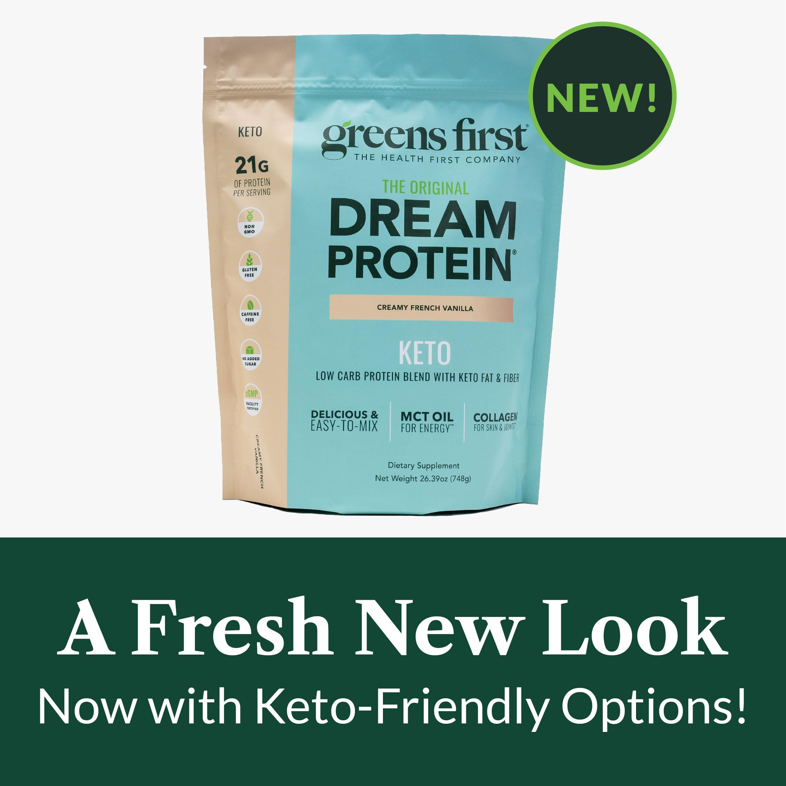 MCT oil poured over Greens First Dream Protein Powder Keto for quick energy.