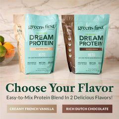 Front-label view of Greens First Dream Protein Powder Keto packaging.