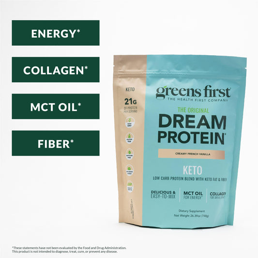 Greens First Dream Protein Powder Keto scoop ready to mix, convenient everyday protein.