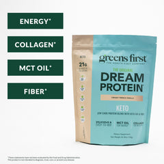Greens First Dream Protein Powder Keto scoop ready to mix, convenient everyday protein.