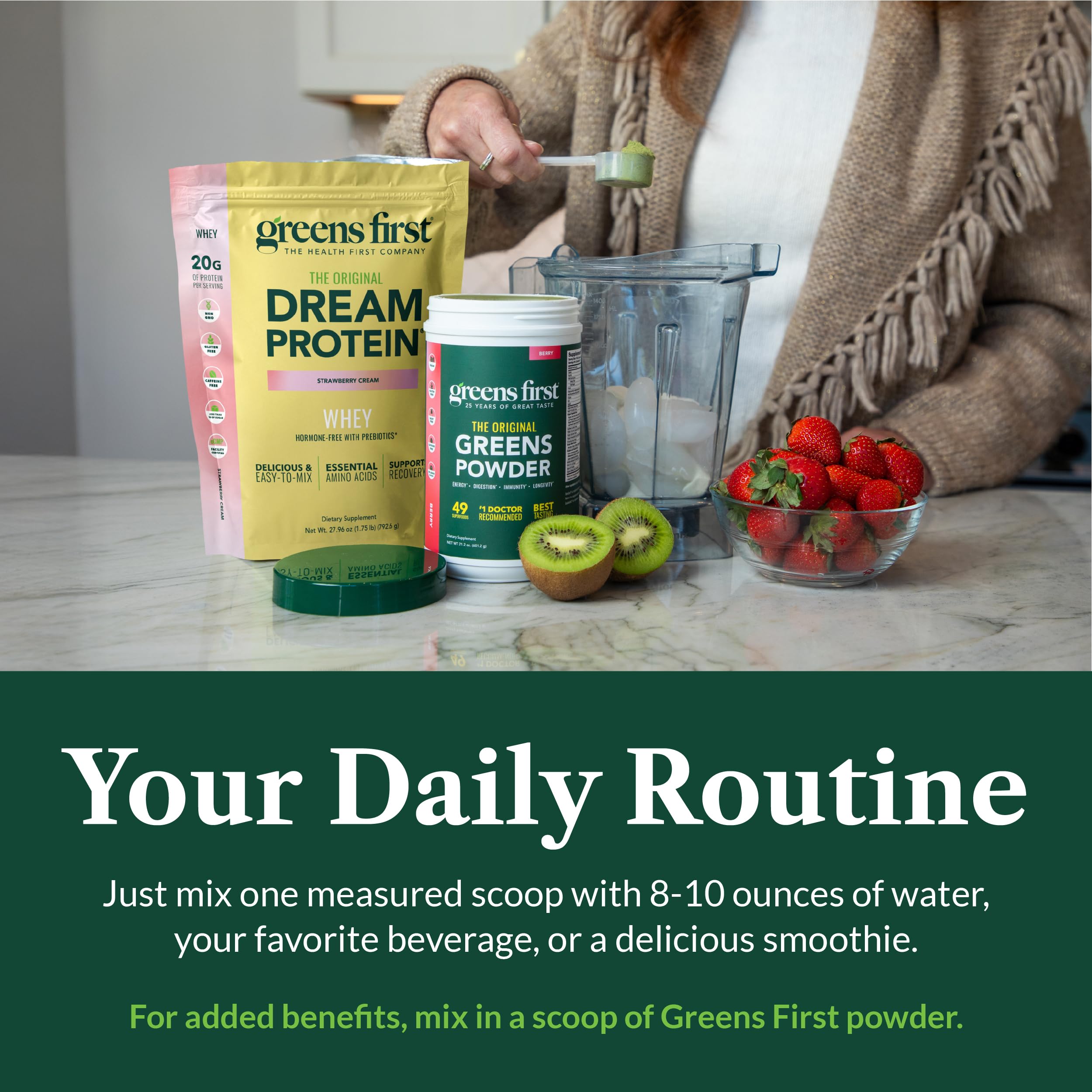 Greens First Dream Protein Whey close-up of ingredients and prebiotic FOS