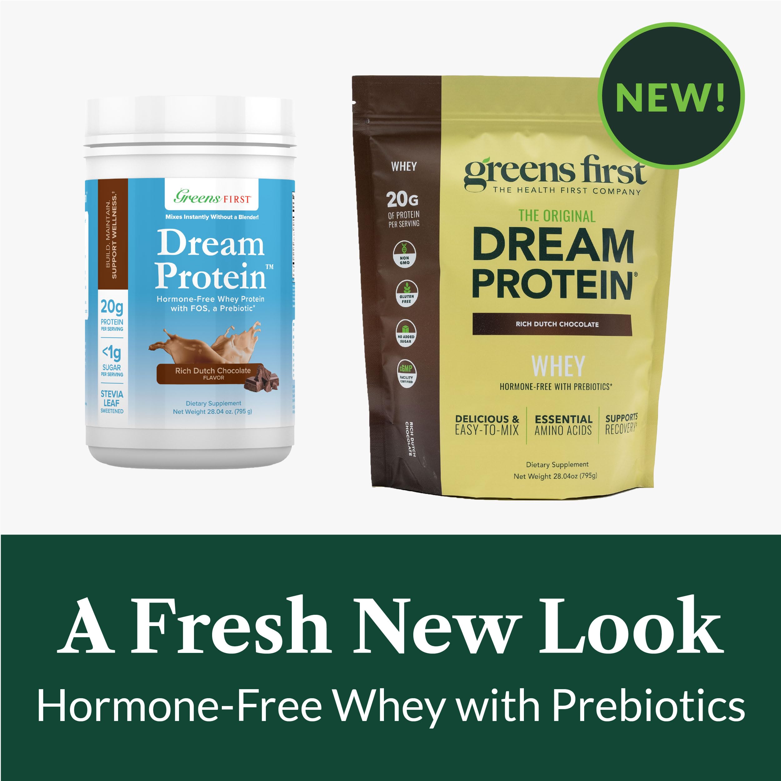 Greens First Dream Protein Whey label closeup reveals hormone-free formula and FOS fiber