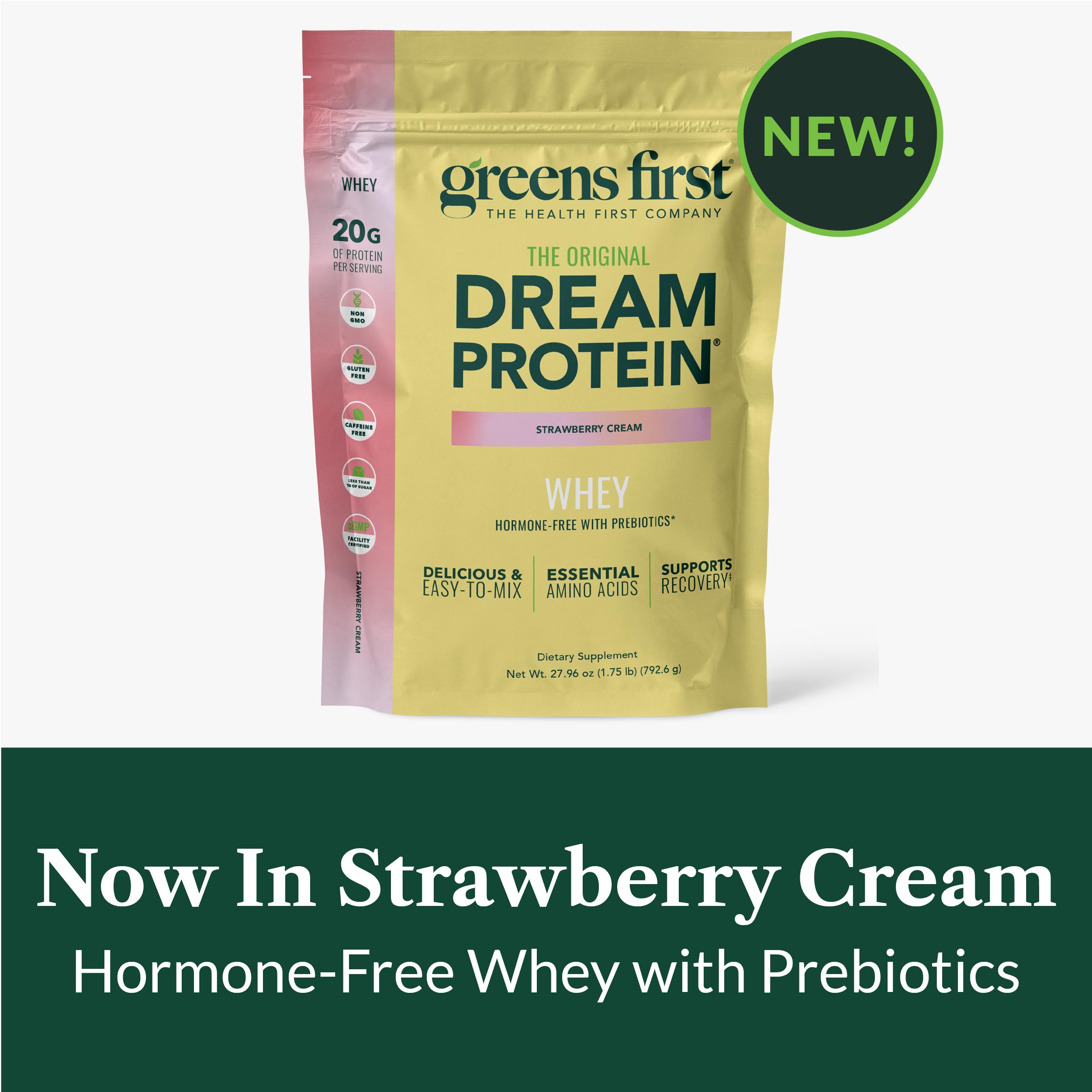 Greens First Dream Protein Whey label emphasizes natural ingredients and no artificial additives