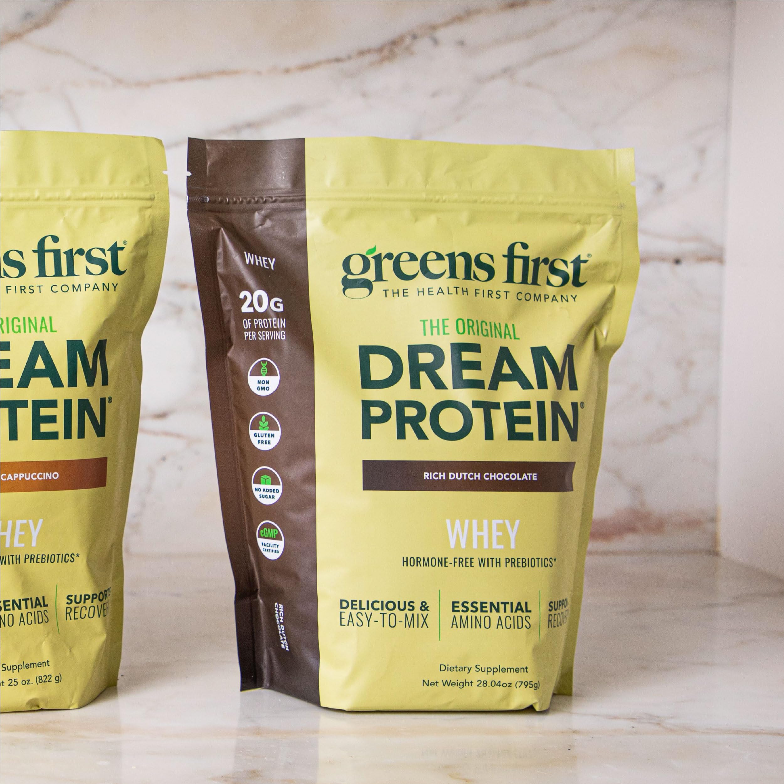 Greens First Dream Protein Whey nutrition panel highlights low calories per serving