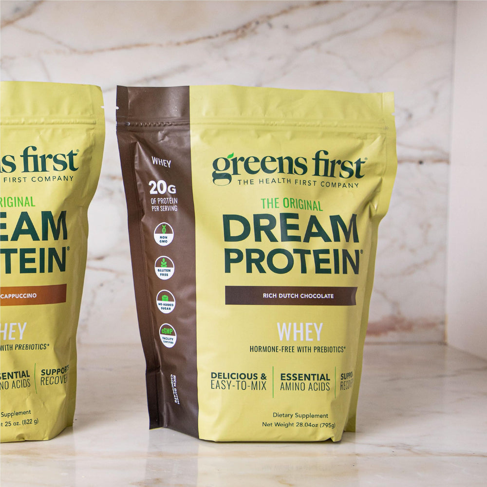 Greens First Dream Protein Whey nutrition panel highlights low calories per serving