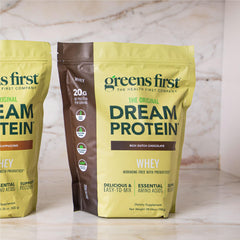 Greens First Dream Protein Whey nutrition panel highlights low calories per serving