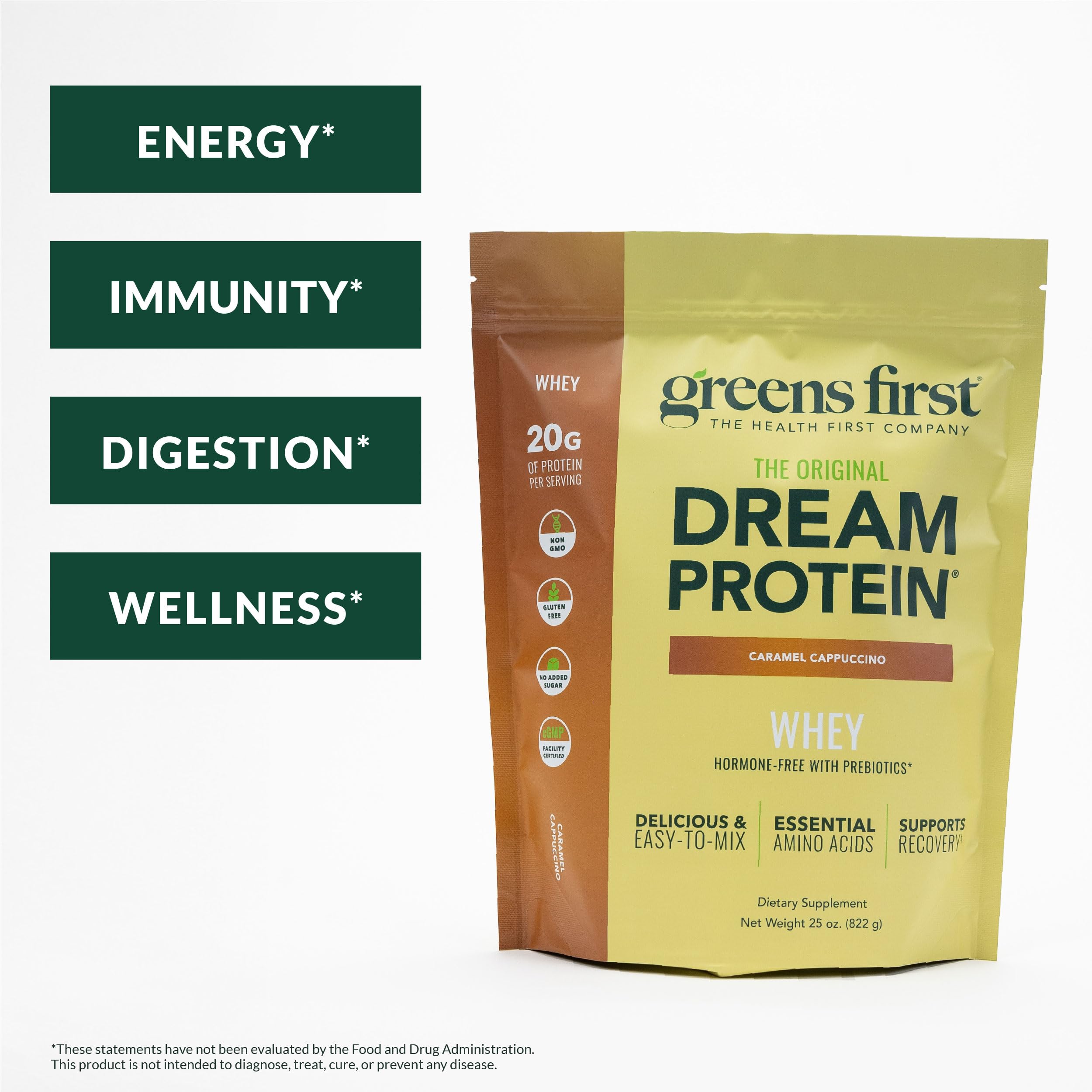 Dream Protein Whey powder in glass shows smooth texture and clean ingredients