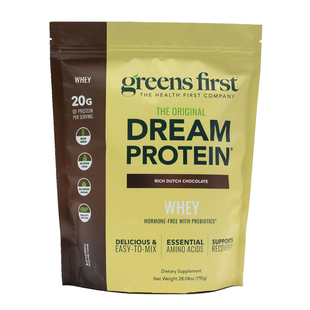 Greens First Dream Protein Whey bottle in Rich Dutch Chocolate for daily protein intake