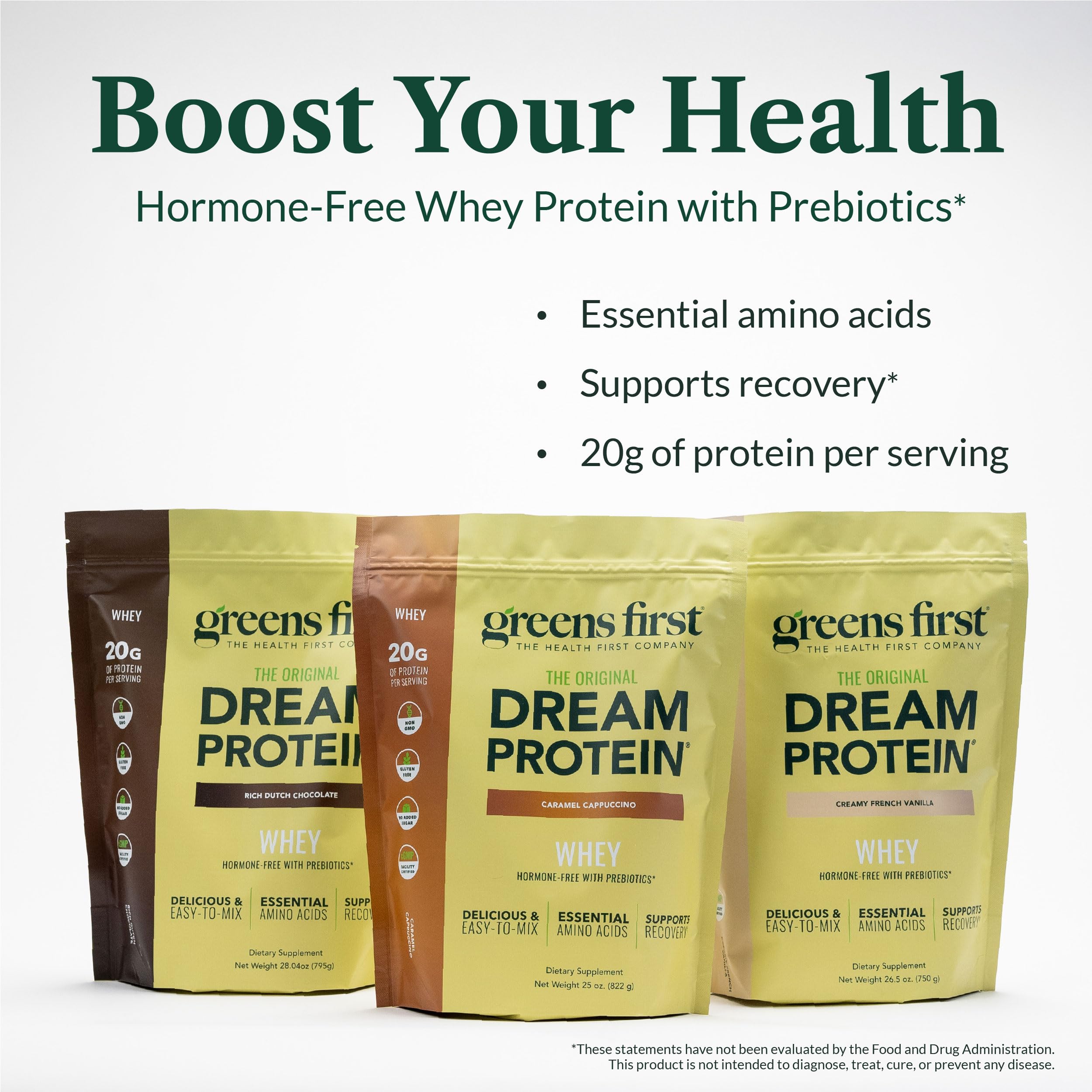 Greens First Dream Protein Whey scoop closeup highlights 20g protein per serving