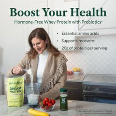 Greens First Dream Protein Whey Strawberry Cream glass highlight flavor and texture