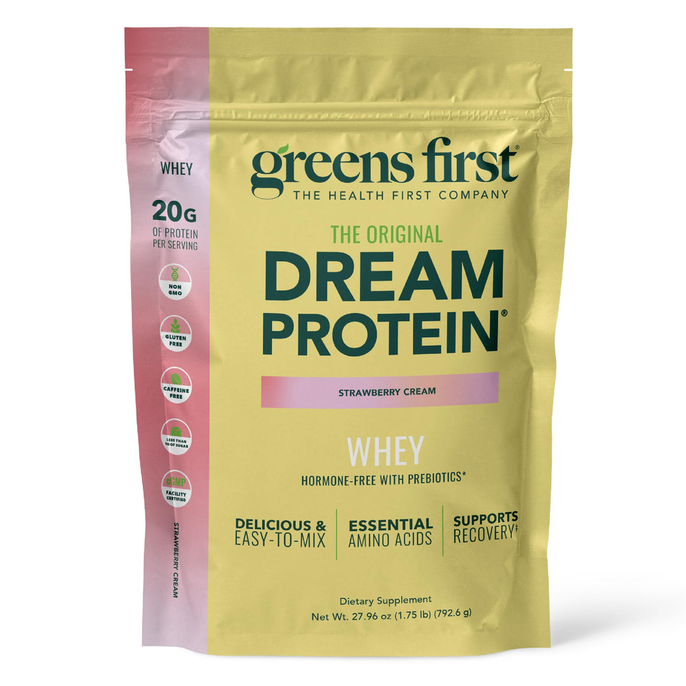 Greens First Dream Protein Whey tub front view for clean daily recovery