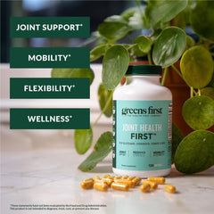 Greens First Joint Health First softgels close-up showing easy-to-swallow capsules.