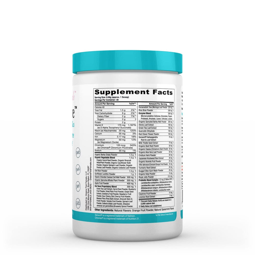 Greens First MenoSolve tub packaging highlighting probiotic blend.