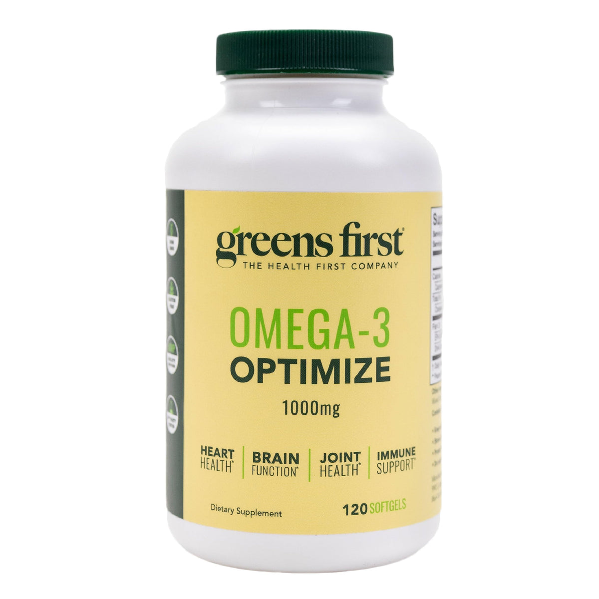 Greens First Omega-3 Optimize bottle closeup highlights premium EPA/DHA omega-3.