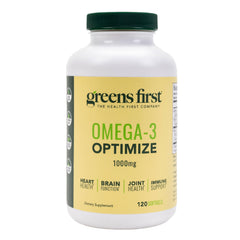 Greens First Omega-3 Optimize bottle closeup highlights premium EPA/DHA omega-3.