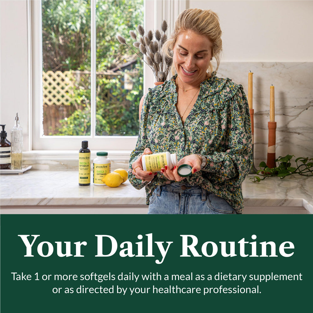 Greens First Omega-3 Optimize EPA/DHA potency emblem highlights strong formulation.