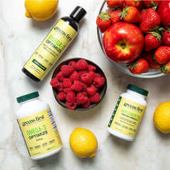 Greens First Omega-3 Optimize label and capsule icon underline flexible daily use.